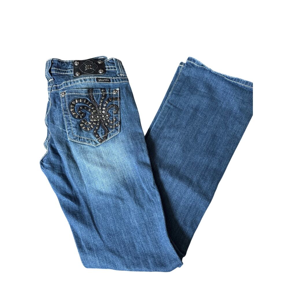 MISS ME DENIM JEANS- FLEUR DE LEIS- boot cut, size 31